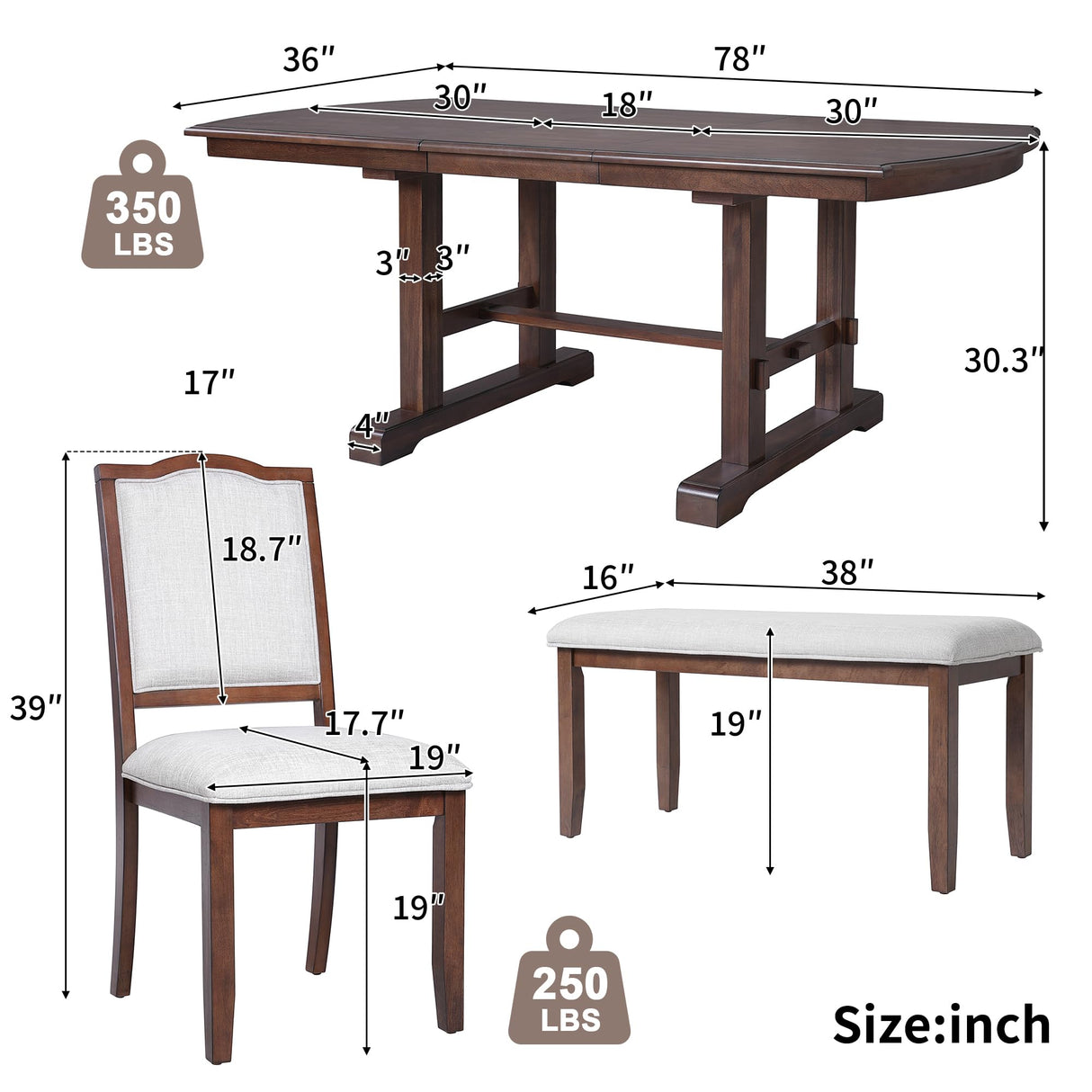 6-Piece Extendable Wood Dining Table Set with Upholstered Chairs