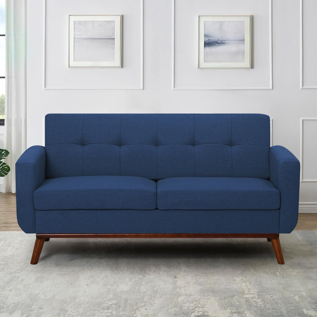 65" Linen Fabric Loveseat Sofa with Tufted Backrest, 2-Seat Mid Century Couch with Wooden Legs