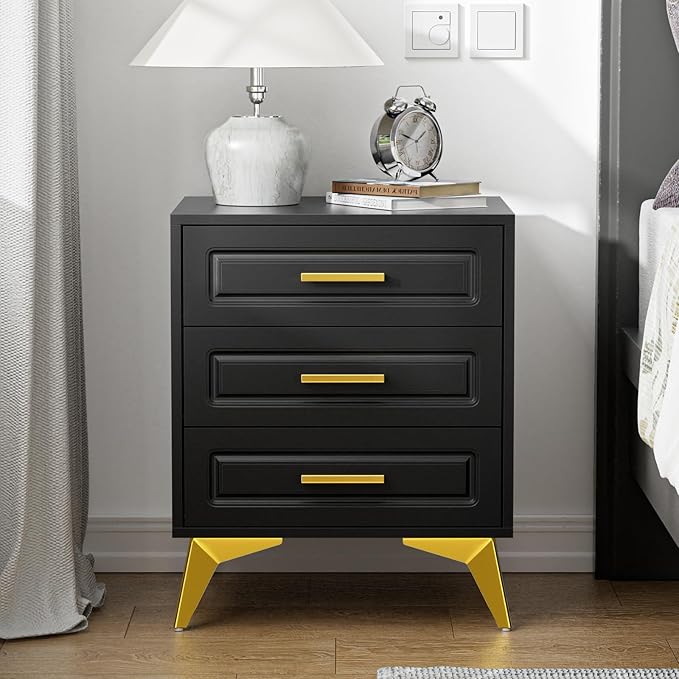 White Nightstand with 3 Drawers, Modern Night Stand with Gold Solid Metal Legs