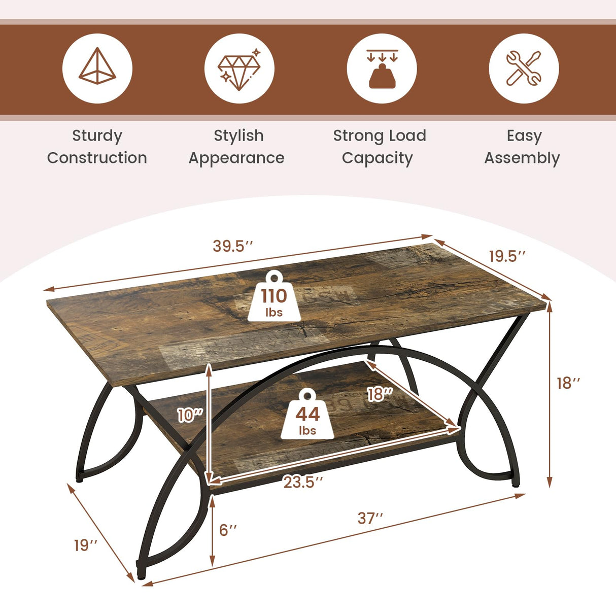 2-Tier Rectangular Coffee Table, Wood Grain Table with Open Storage Shelf