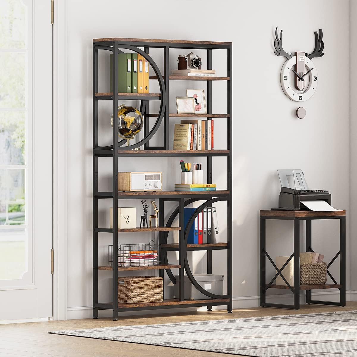Bookshelf, Industrial 8-Tier Etagere Bookcases, 77-Inch Tall Book Shelf Open Display Shelves, Wood Look Accent Shelving Unit with Metal Frame for Home Office (1, Brown/Black)