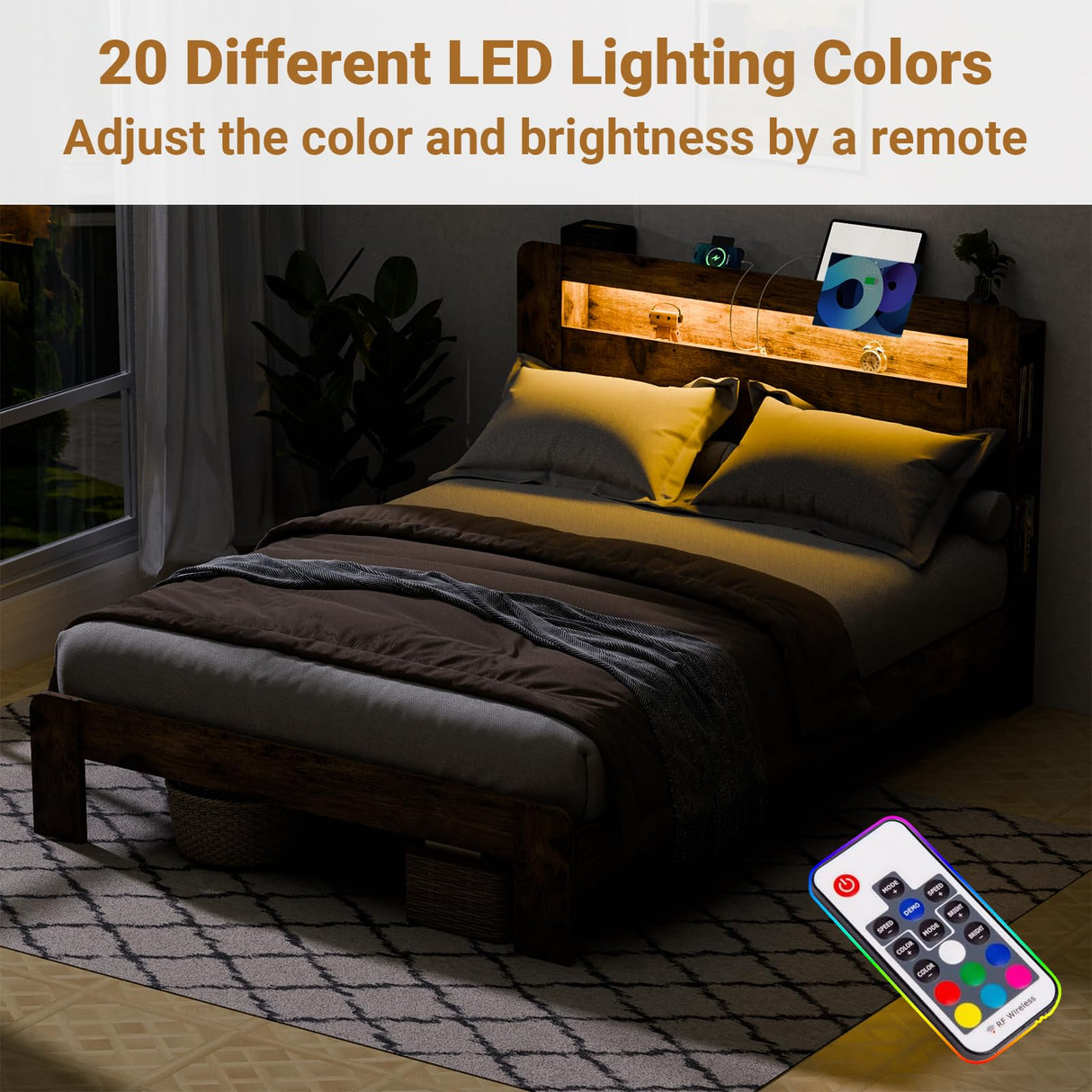 King Size Bed Frame with LED Lights, King Bed Frame and Headboard, Charging Station