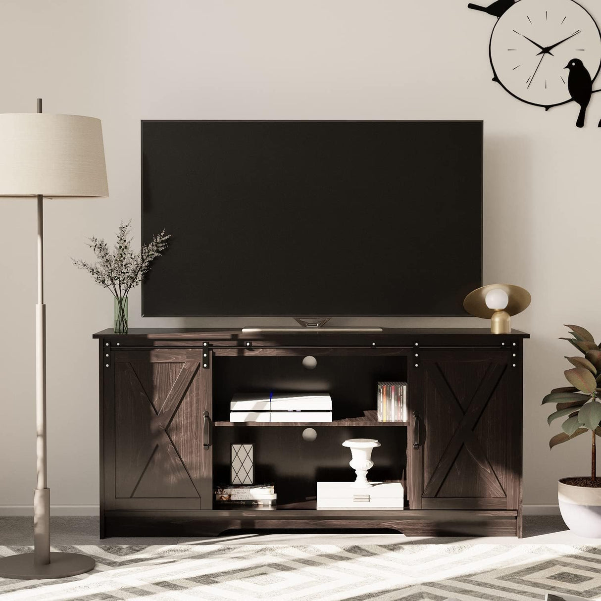 TV Stand for 65 Inch TV, Entertainment Center with Sliding Barn Door, Adjustable Storage