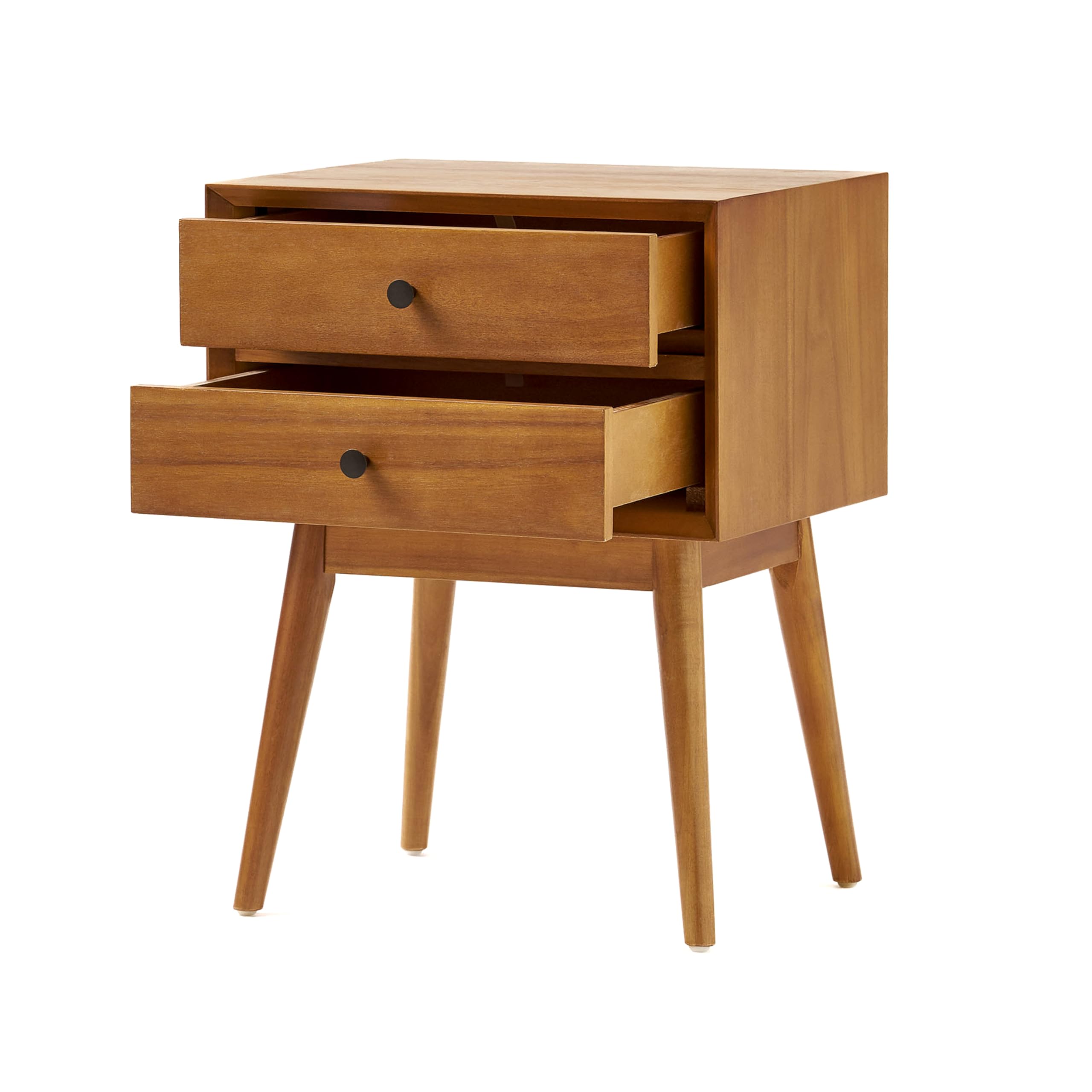Mid-Century Acacia Wood Nightstand with 2 Drawer
