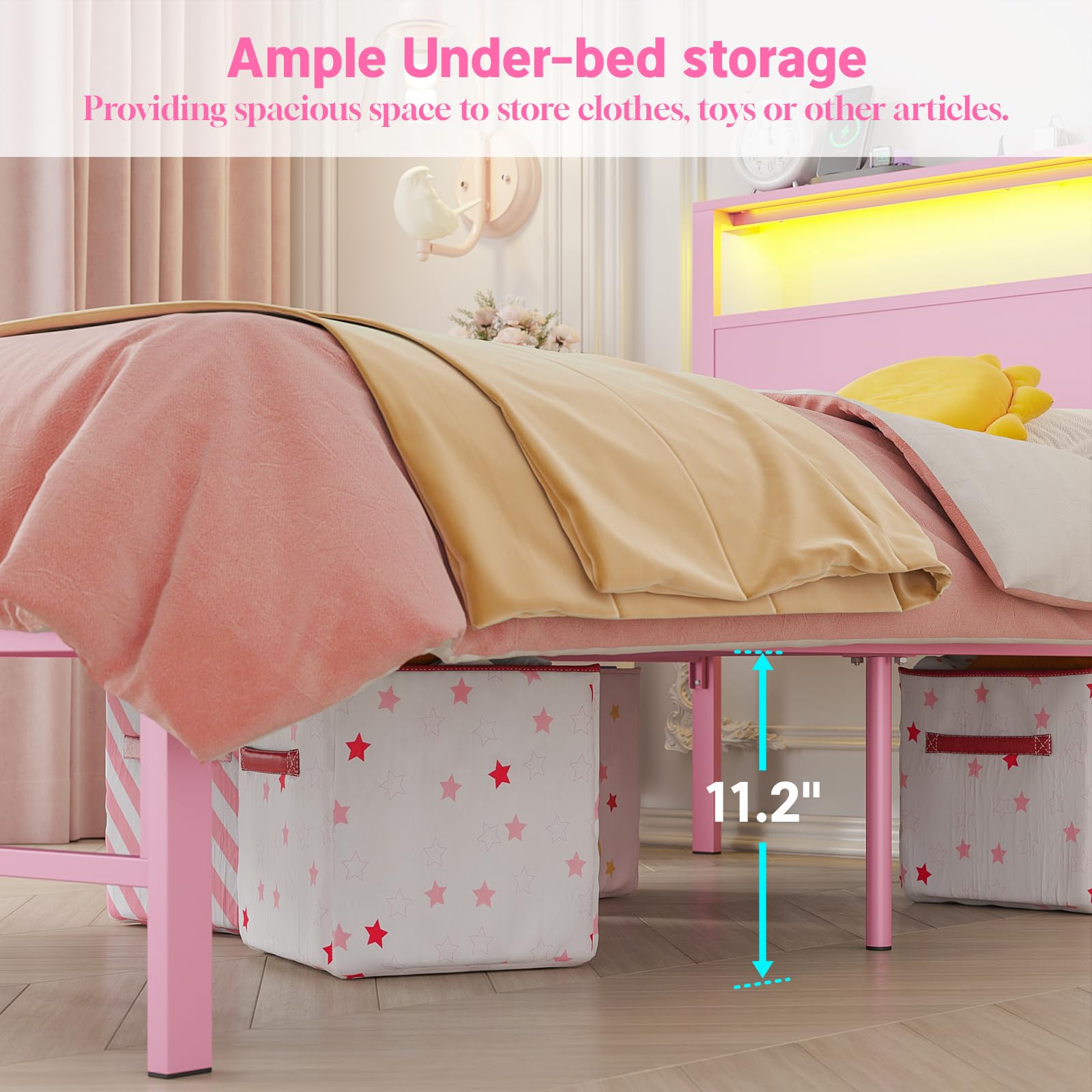 Twin Bed Frame with Storage, LED Lights & Charging Station