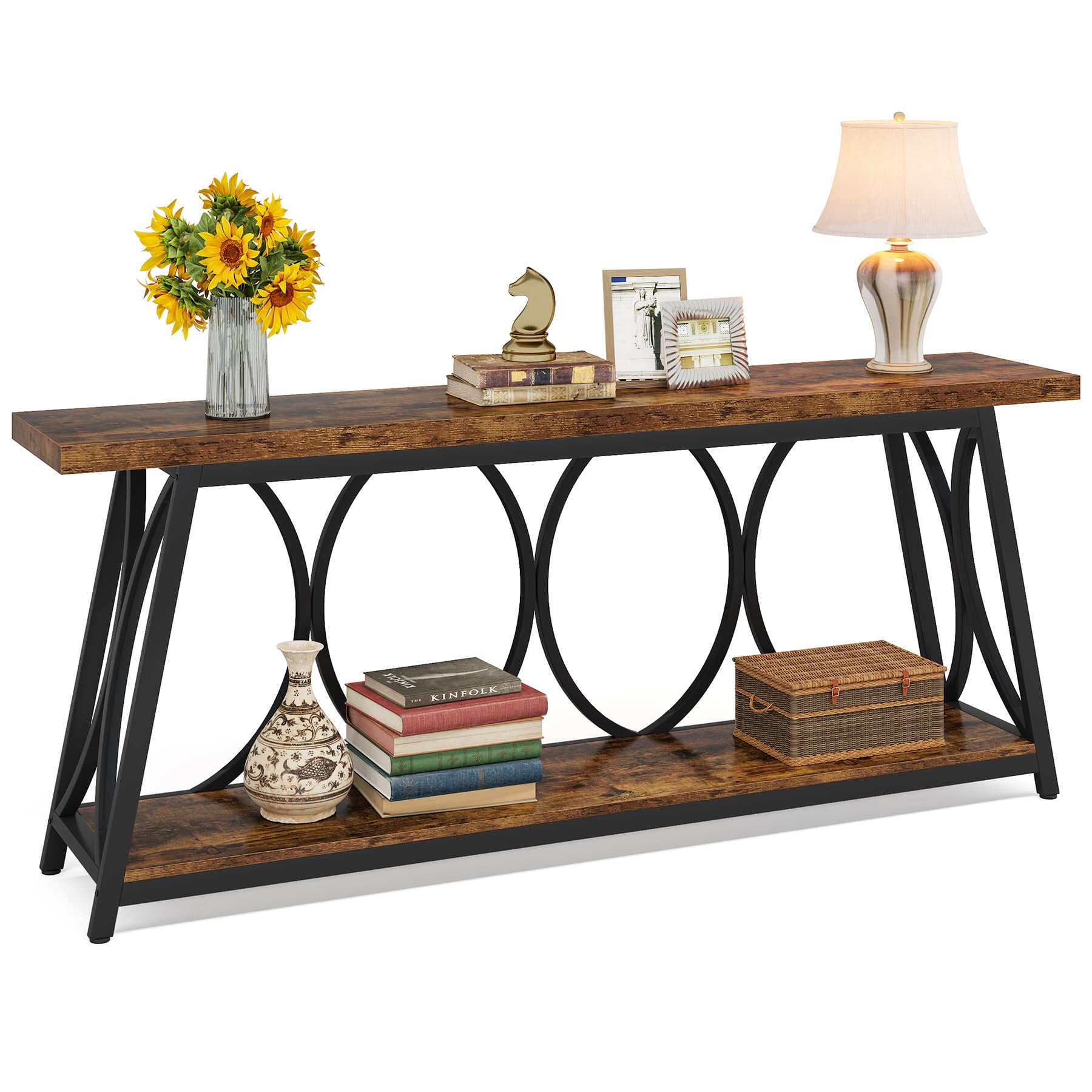 70.9 inch Extra Long Console Table, Industrial Sofa Table Behind Couch with 2 Tier Storage Shelf