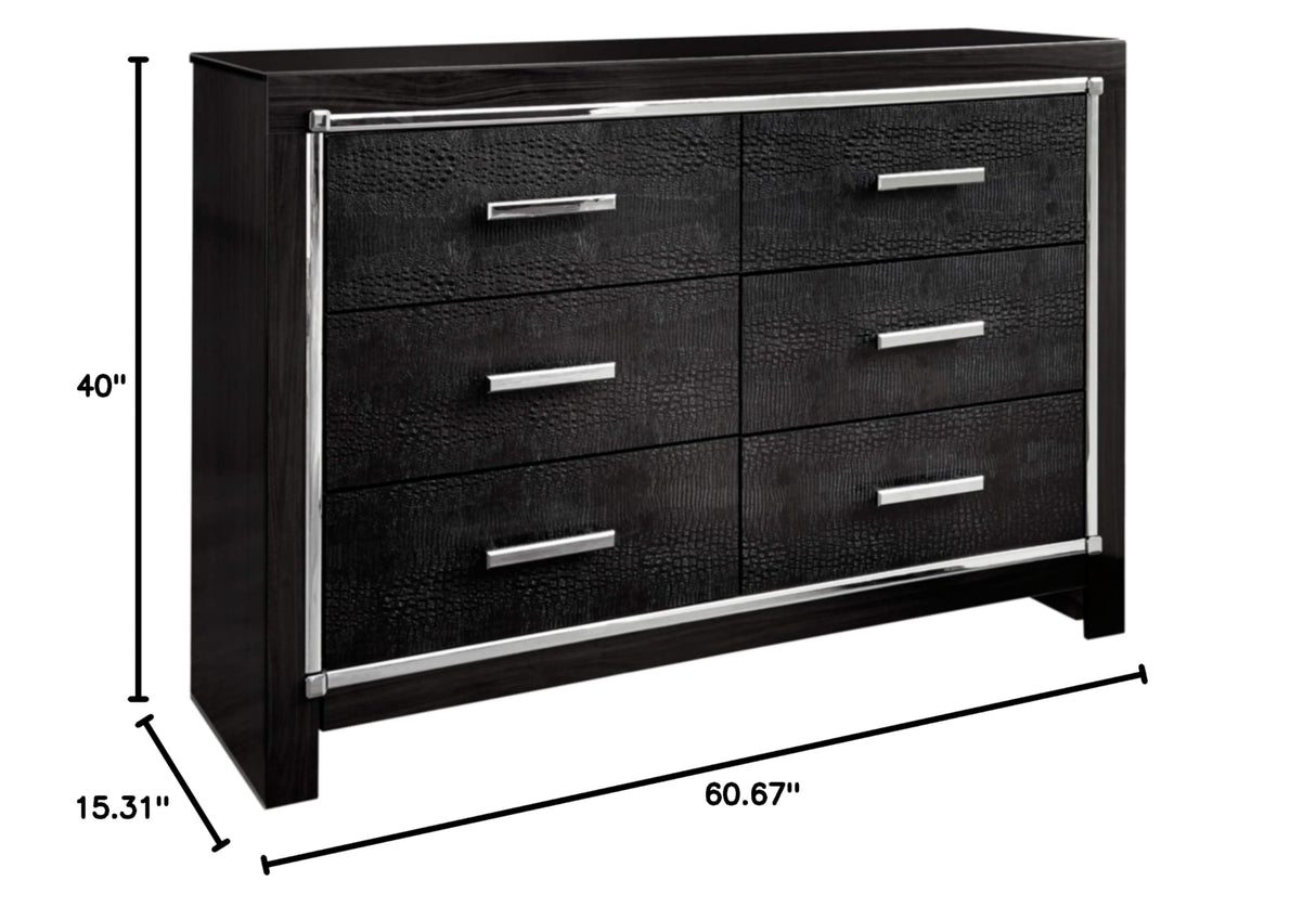 Kaydell Glam 6 Drawer Dresser with Faux Alligator Panels & Chrome-Tone Accents, Black