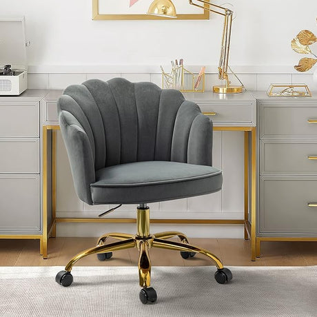 Velvet Home Office Chair with Gold Base, Womans Modern Cute Shell Back Upholstered