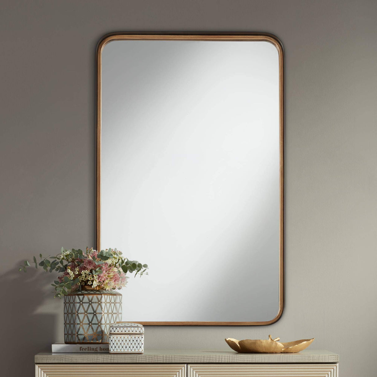 Uttermost Rounded Corner Rectangular Vanity Decorative Wall Mirror Modern Rustic Gold Black Iron Frame Beveled Edge 24" Wide for Bathroom Bedroom Living Room Home House Office Entryway