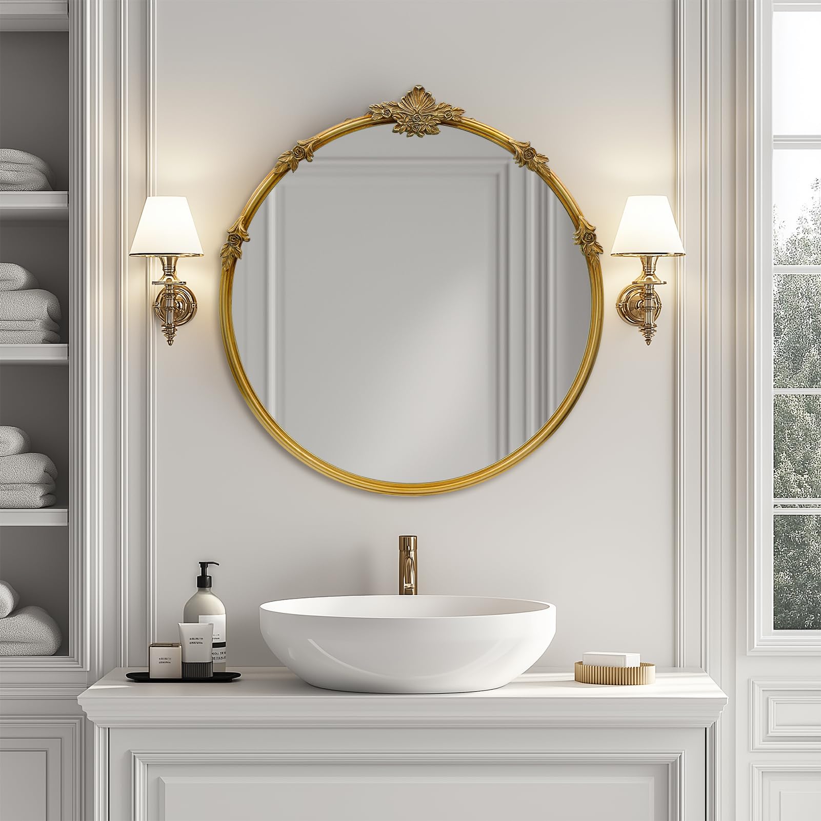 Gold Round Mirror - Baroque Style Ornate 24 Inch Mirror Suitable for Home Decoration