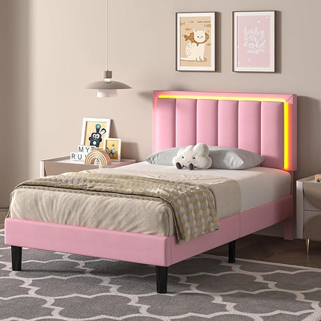 Queen Bed Frame with LED Lights, Upholstered Bed Frame Queen with Headboard