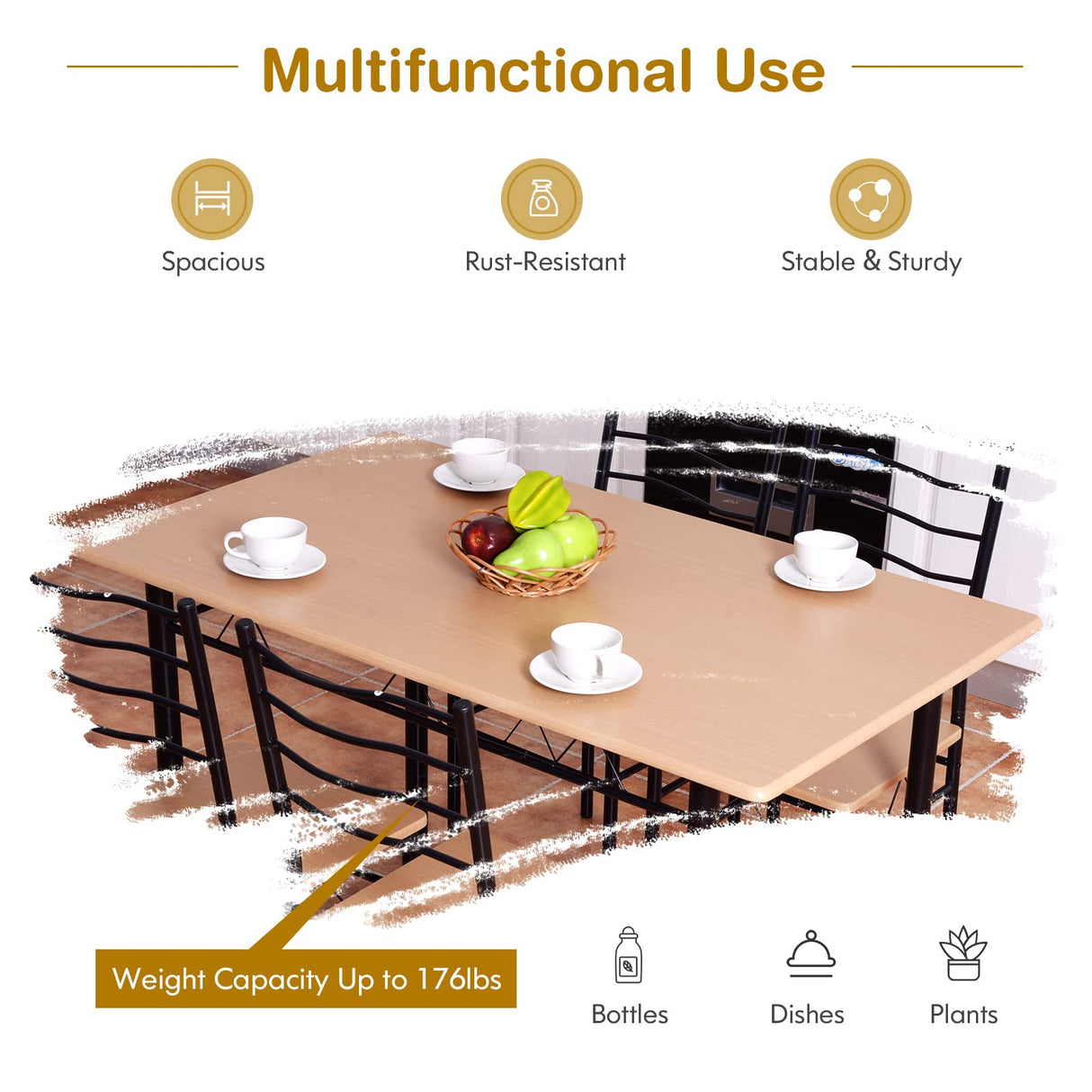 COSTWAY 5 Pieces Dining Room Table Set, Modern Kitchen Table Set with Metal Framework & Anti-slip Pads, Dining Furniture Set with 4 High Back Chairs for Dining room, Restaurant and Cafe (Walnut)