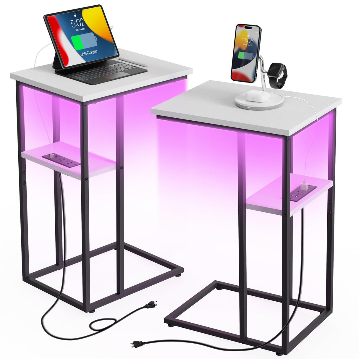 Side Table with Charging Station Set of 2, C Shaped End Table with LED Light Strip