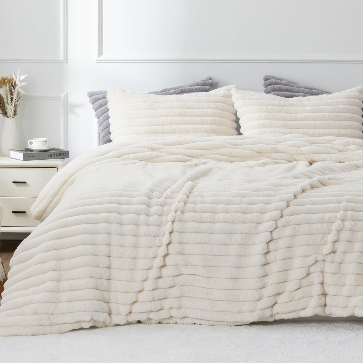 Night Stripes Fleece Queen Comforter Set -Super Soft & Warm Fluffy Bedding