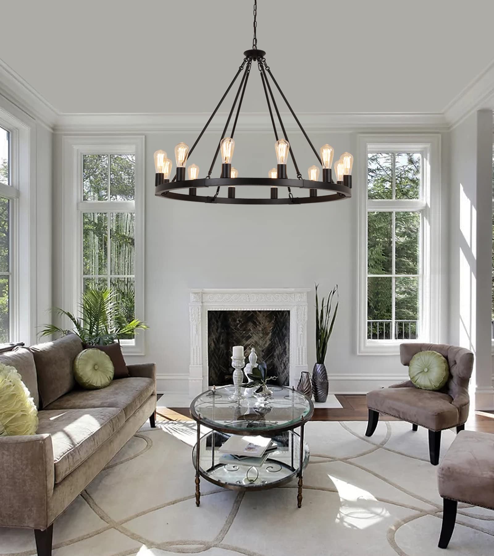 Large Farmhouse Wagon Wheel Chandelier,Black Industrial Round 12 Lights Dining Room