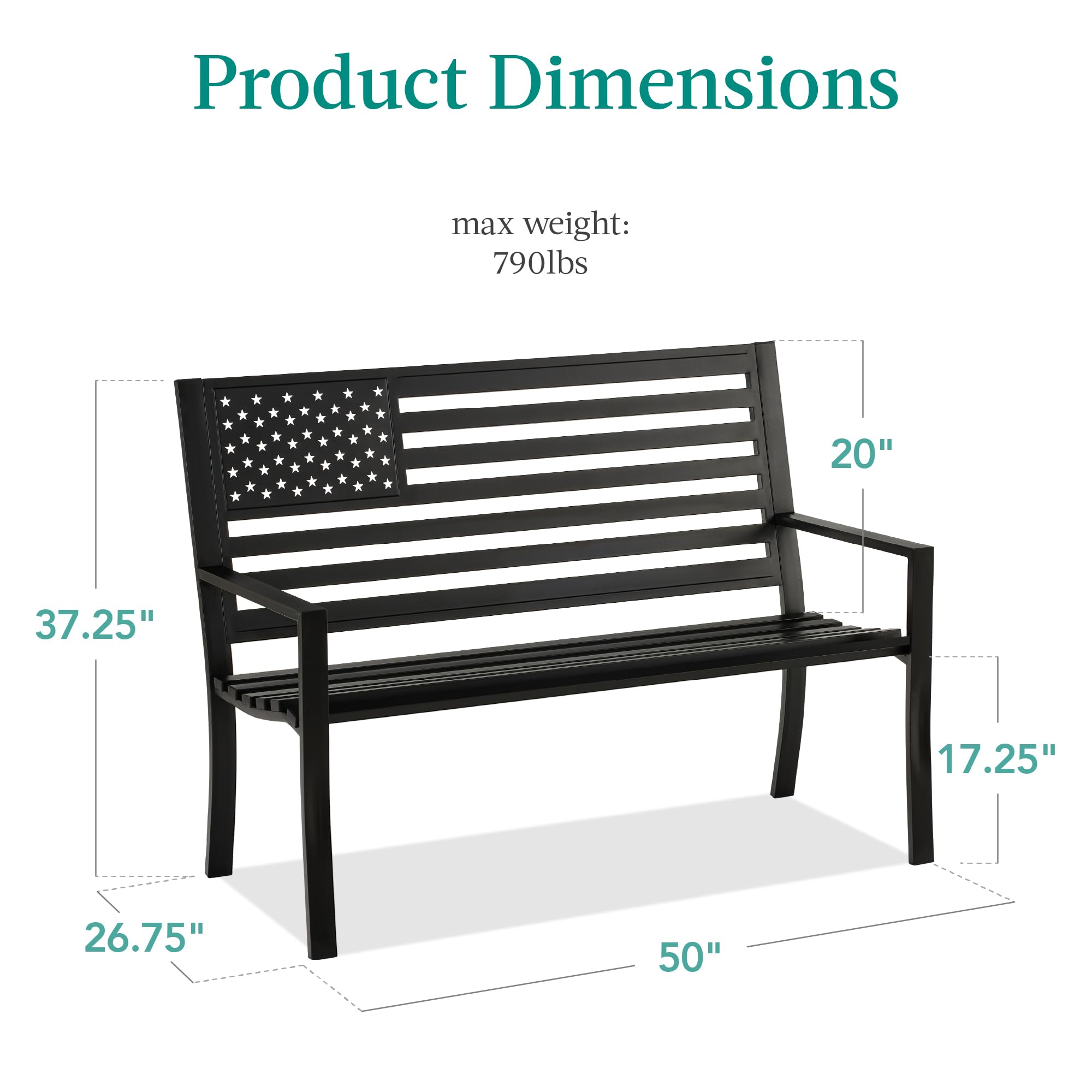 Best Choice Products Outdoor Bench 2-Person Steel Indoor/Outdoor Bench for Garden, Patio, Porch, Entryway w/American Flag, 790lb Capacity – Black