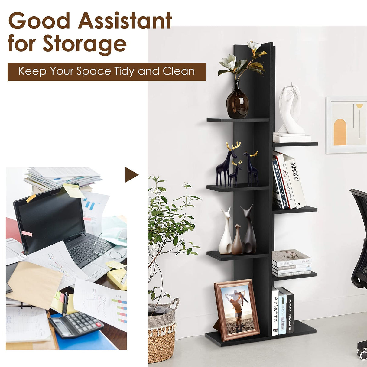 Tree Bookshelf, 7-Tier Tall Freestanding Wood Bookshelf with Anti-toppling, Modern Multipurpose Display Storage Rack Organizer Corner Shelf for Books, Photos, Black