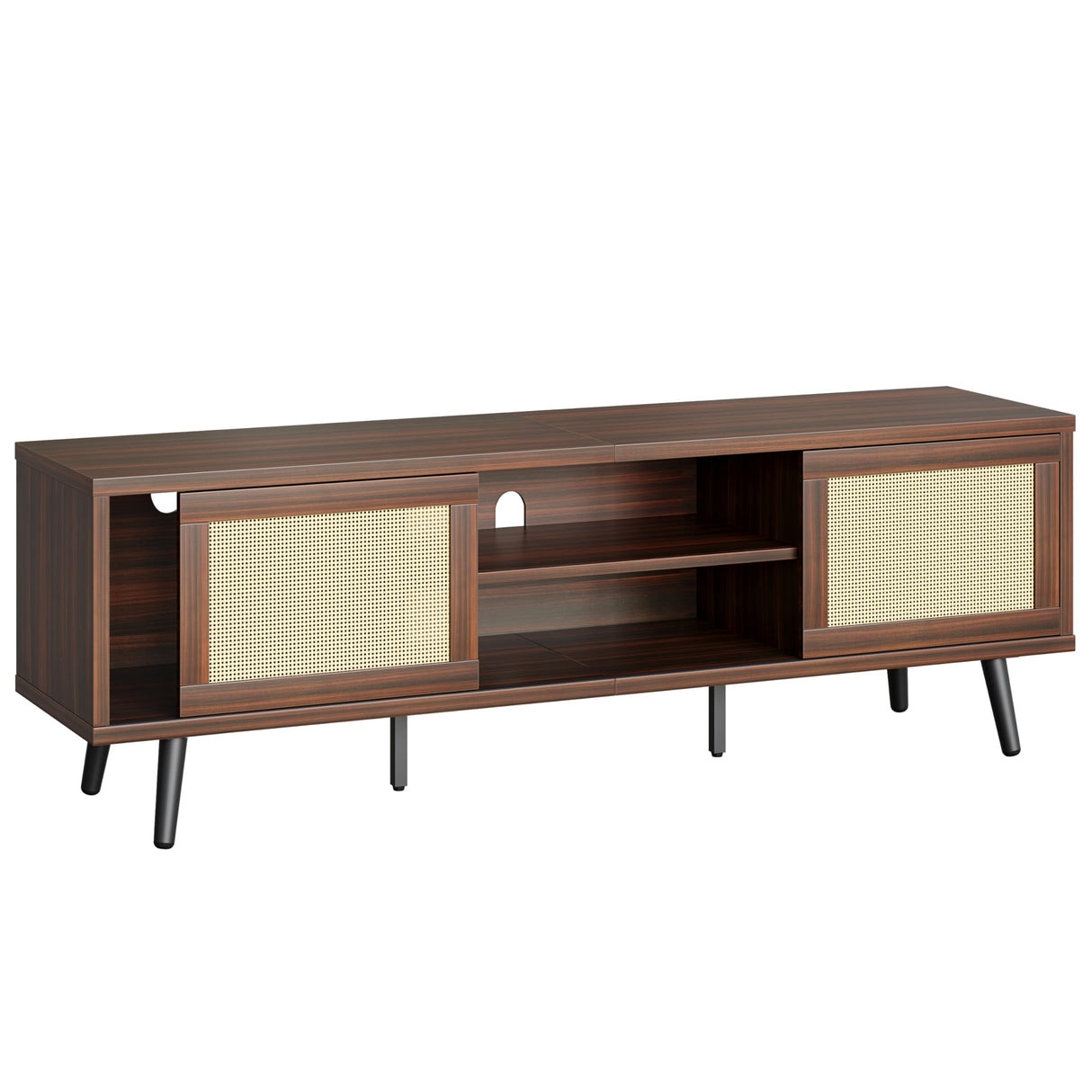 TV Stand for 75 Inch TV, 63” Entertainment Center with Sliding Doors, Rattan TV Console