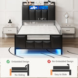 Twin Bed Frame with Storage Headboard & Charging Station, Upholstered Platform Bed