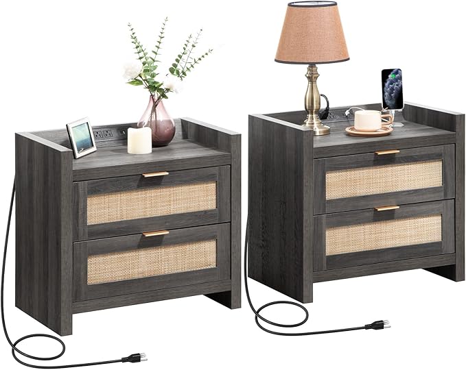 Night Stand Set of 2 - Rattan Nightstands with Type-C Charging Station, 2 Rattan Drawers