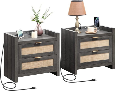 Night Stand Set of 2 - Rattan Nightstands with Type-C Charging Station, 2 Rattan Drawers