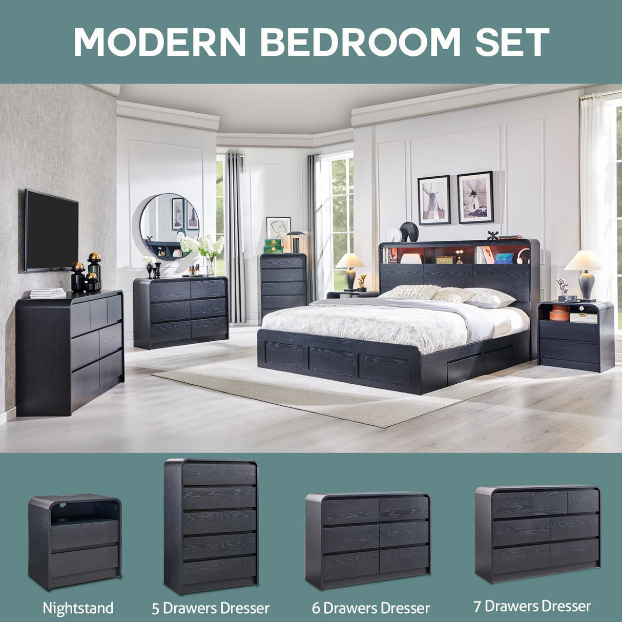 Aitjunz 25" Tall Modern Nightstand with Charging Station, 23.6'' Wide Wood Bedside Table w/2 Storage Drawers, Large Mid Century End Table for Bedroom, Living Room, Curved Profile Design, Black