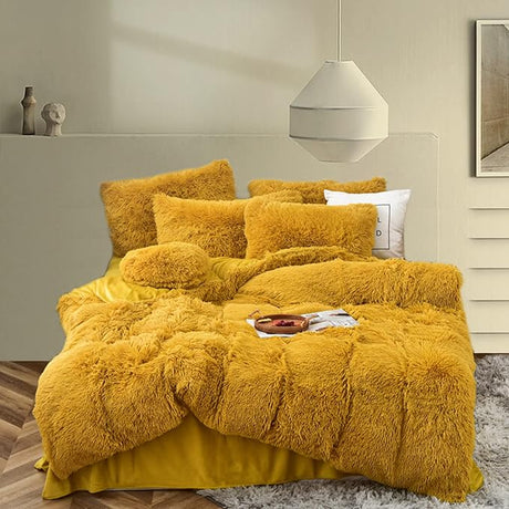 Fluffy Comforter Duvet Cover Set, 5 Pcs Bedding Sets Faux Fur Plush Velvet Shaggy Ultra