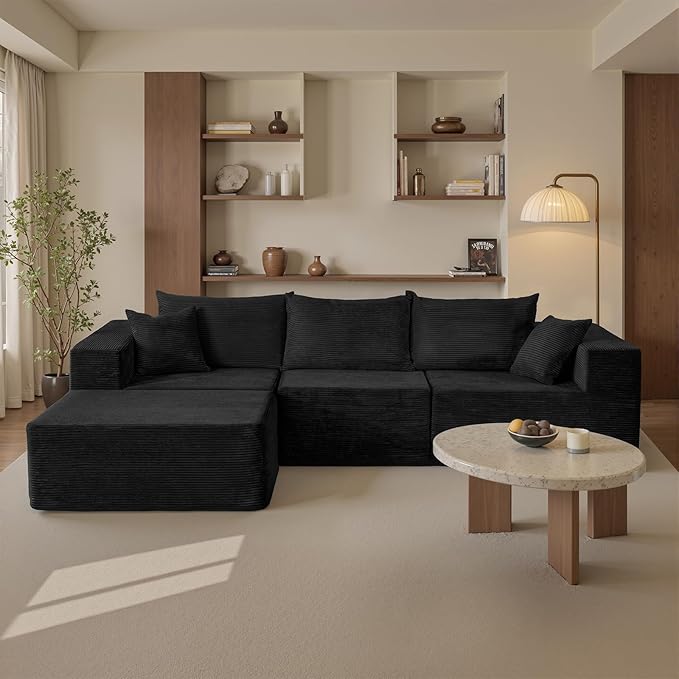 109" Modular Gray Corduroy Sofa with Side Pocket – Space-Saving Sectional Couch
