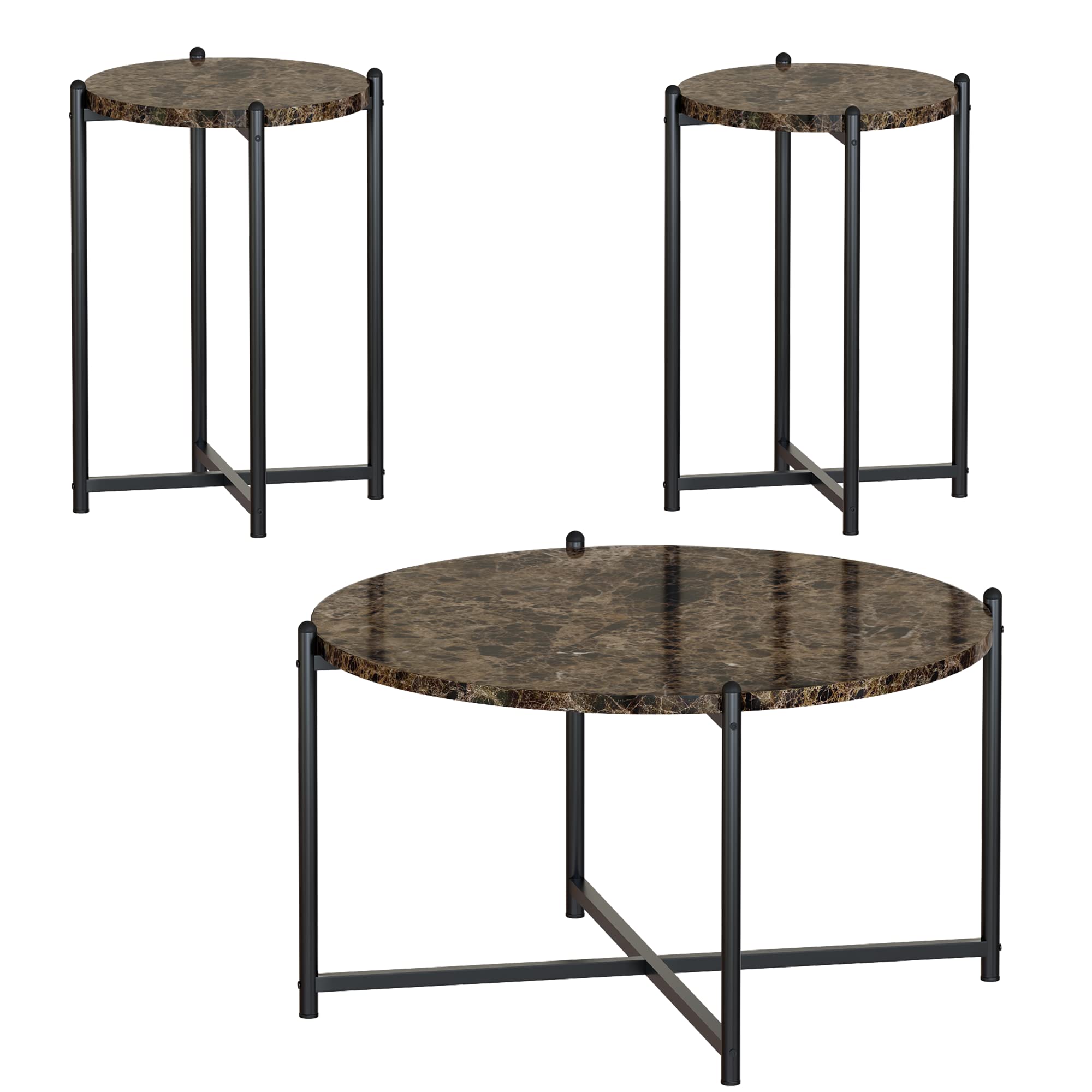 Coffee Table Set of 3, TableSet with Marble Tabletop and Metal Frame