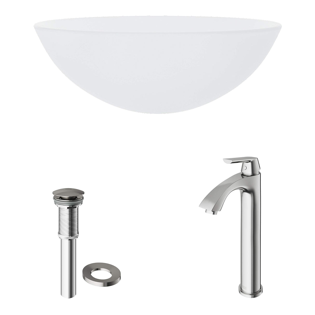 VIGO 17" L -17" W -12" H White Frost Glass Round Vessel Sink Set with Faucet and Drain