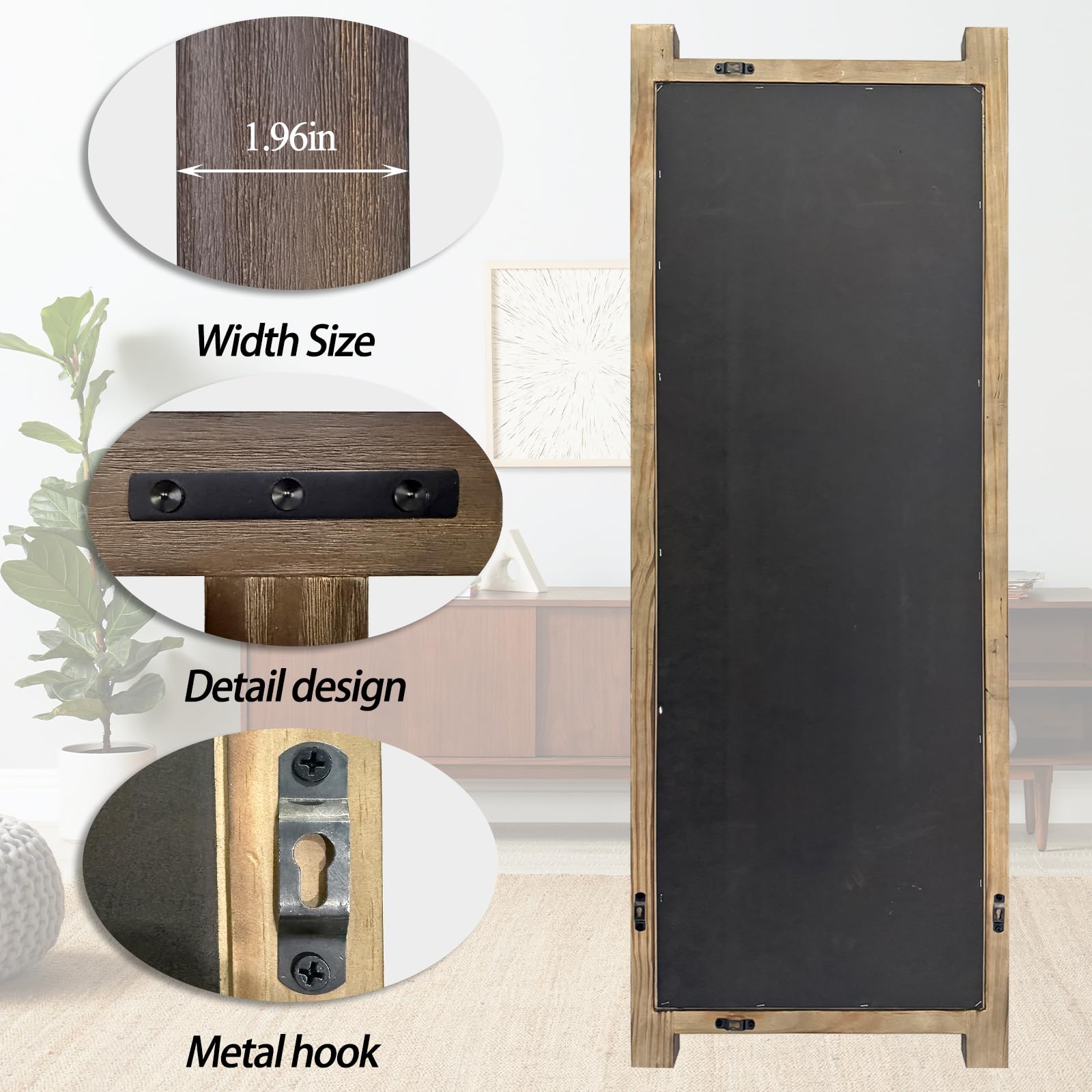 Full Length Mirror with Wood Frame 60x21 - Standing Floor & Wall Mounted