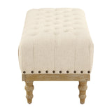 Abigail Bench with Tufted Top and Antique Bronze Nailheads, Linen Fabric