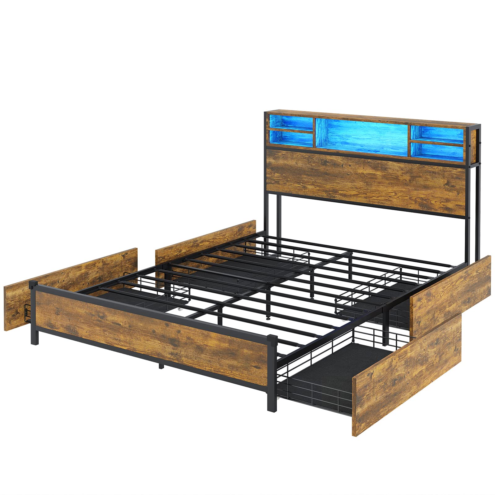 Queen Bed Frame with LED Lights Headboard & 4 Storage Drawers