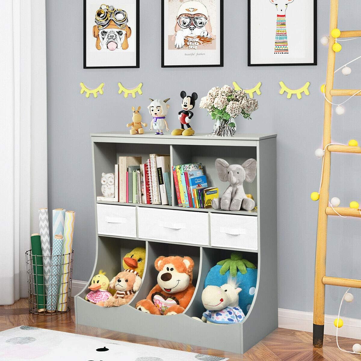 3-Tier Kids Bookcase Toddler Storage Organizer Cabinet Shelf w/ 8 Compartment