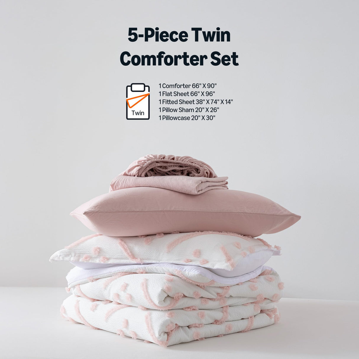 5-Piece Kids Bed-in-a-Bag Set - Jacquard Microfiber Comforter, Sheets & Pillowcases - Pink Tufted Twin