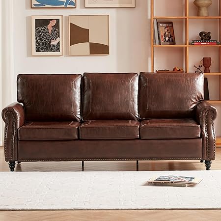79'' Traditional Faux Leather Sofa Couch with Nailhead Trim, Classic 3-Seater Couch