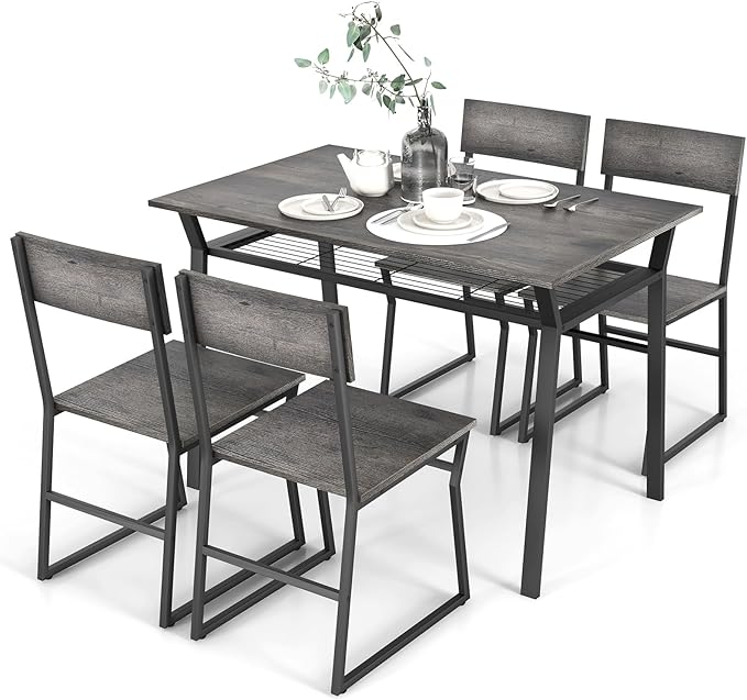 Dining Table Set for 4, 47”L x 28”W Rectangular Kitchen Table w/ 4 Trapezoid Chairs,