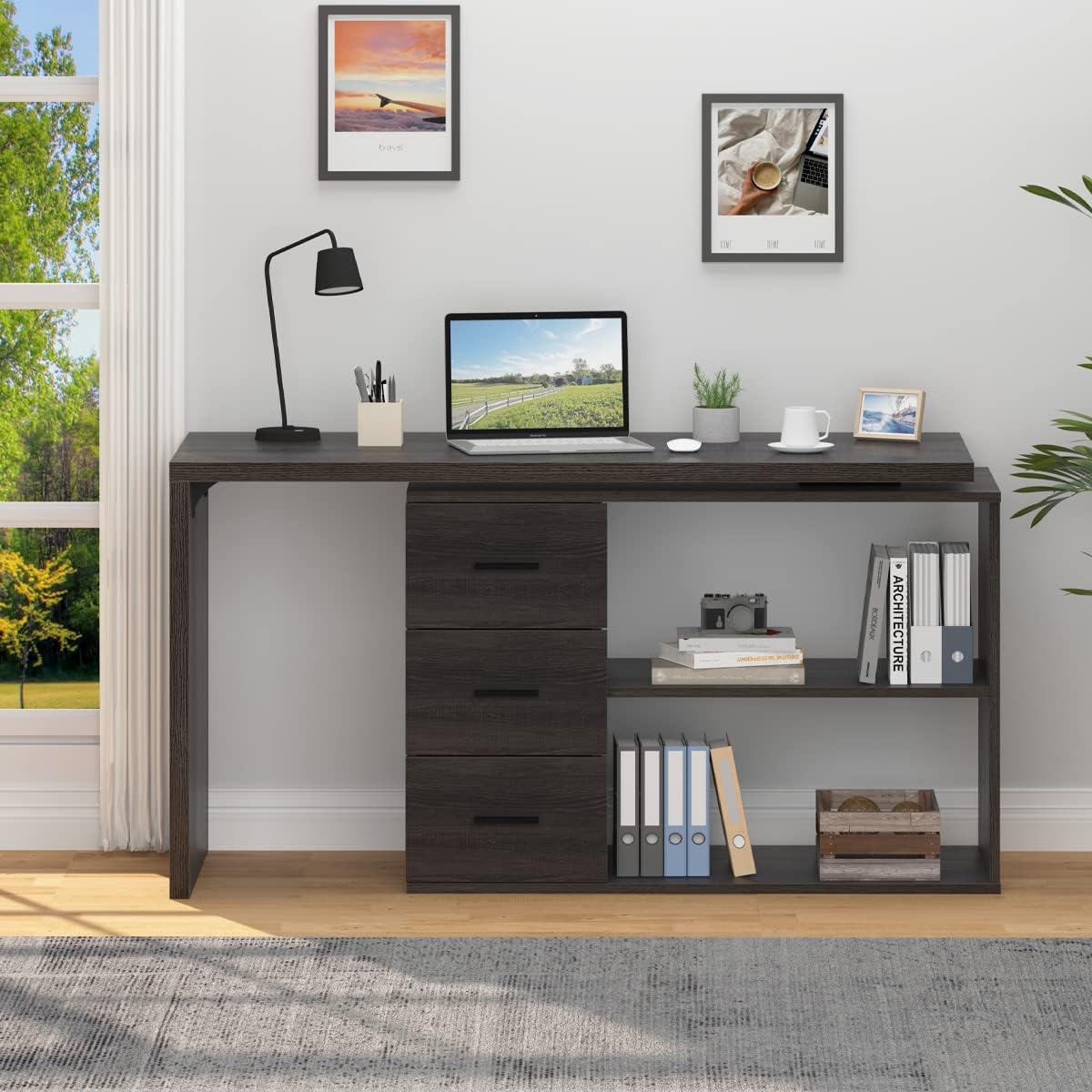 L Shaped Computer Desk with Drawers, 360 Rotating L Shape Desk with Storage Cabinet