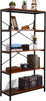 Wood and Metal Minimalist 5 Tier Bookshelf, 6 feet Tall Open Rustic Wide Bookcase