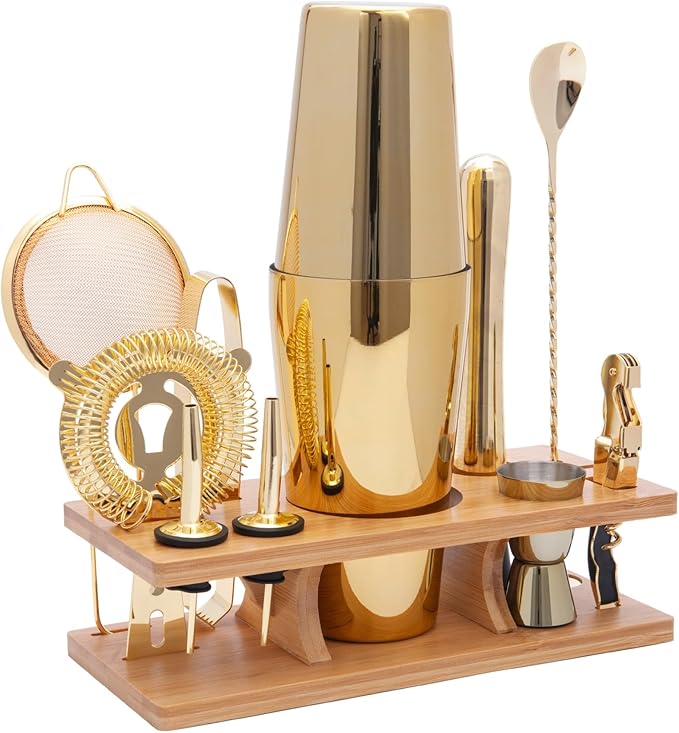 11-Pcs Cocktail Shaker Set Gold,Bartending Kit Stainless Steel Shakers 25oz Bar