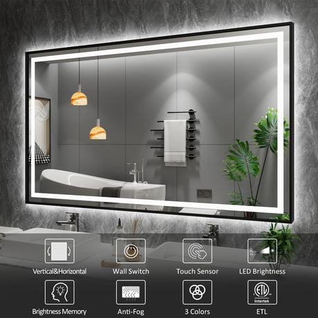 60"x 30" LED Bathroom Mirror Framed, Front Light and Backlit, Stepless Dimmable,