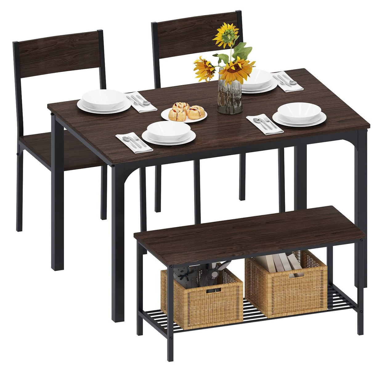 4-Piece Kitchen Table and 2 Chairs for 4 with Bench, Dining Table Set for Small Space