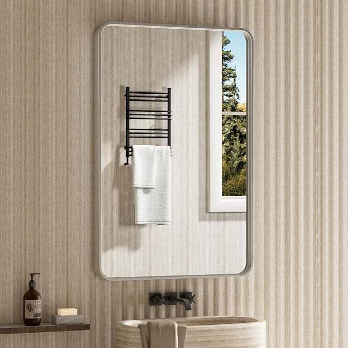 55x30 Inch Brushed Nickel Bathroom Mirror, Brushed Silver Metal Frame Mirror Wall