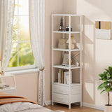 5-Tier Corner Shelf, Narrow Bookshelf with 2 Storage Drawers, Tall Bookcase, Standing