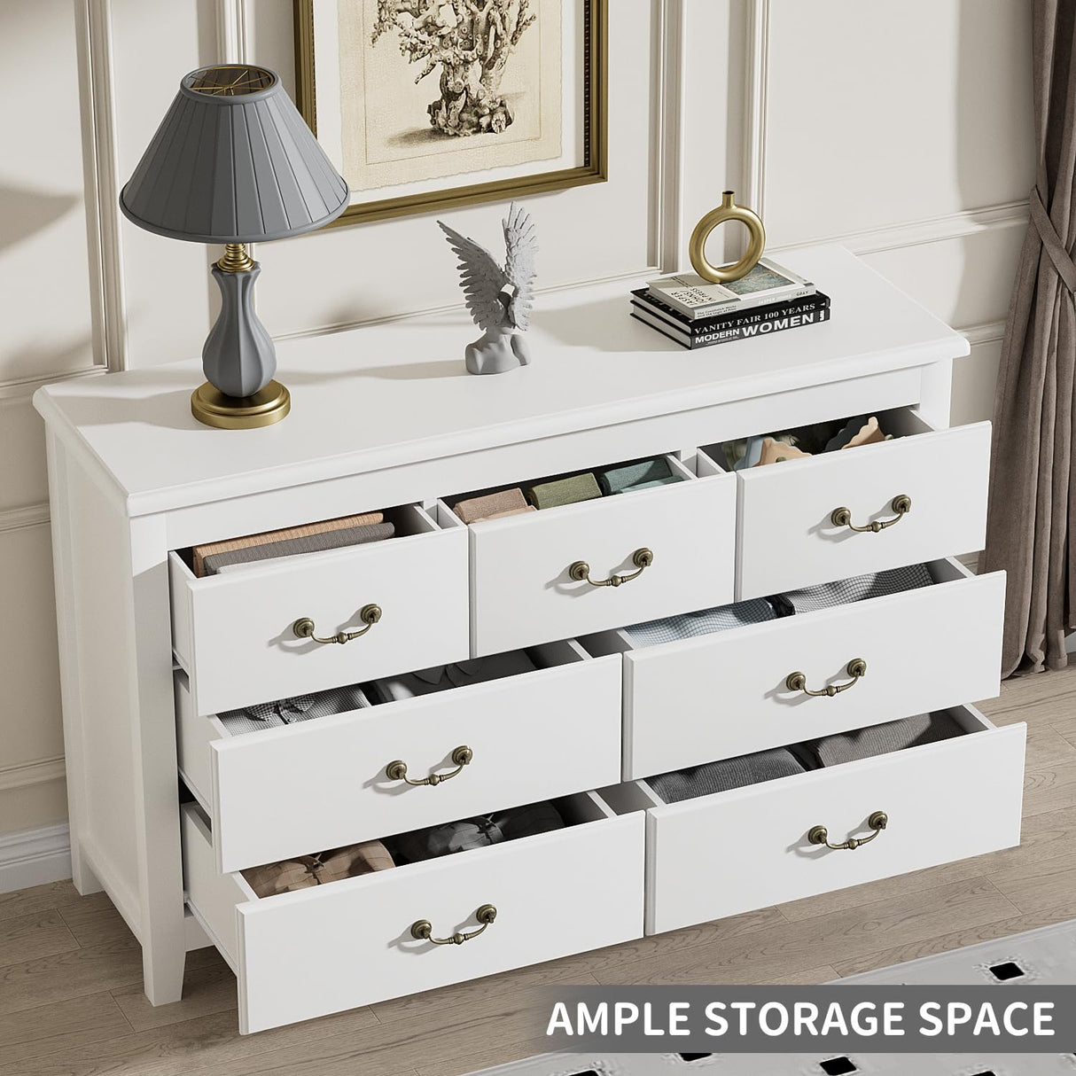 White Dresser for Bedroom, Modern Farmhouse Style 7 Drawer Double Dresser