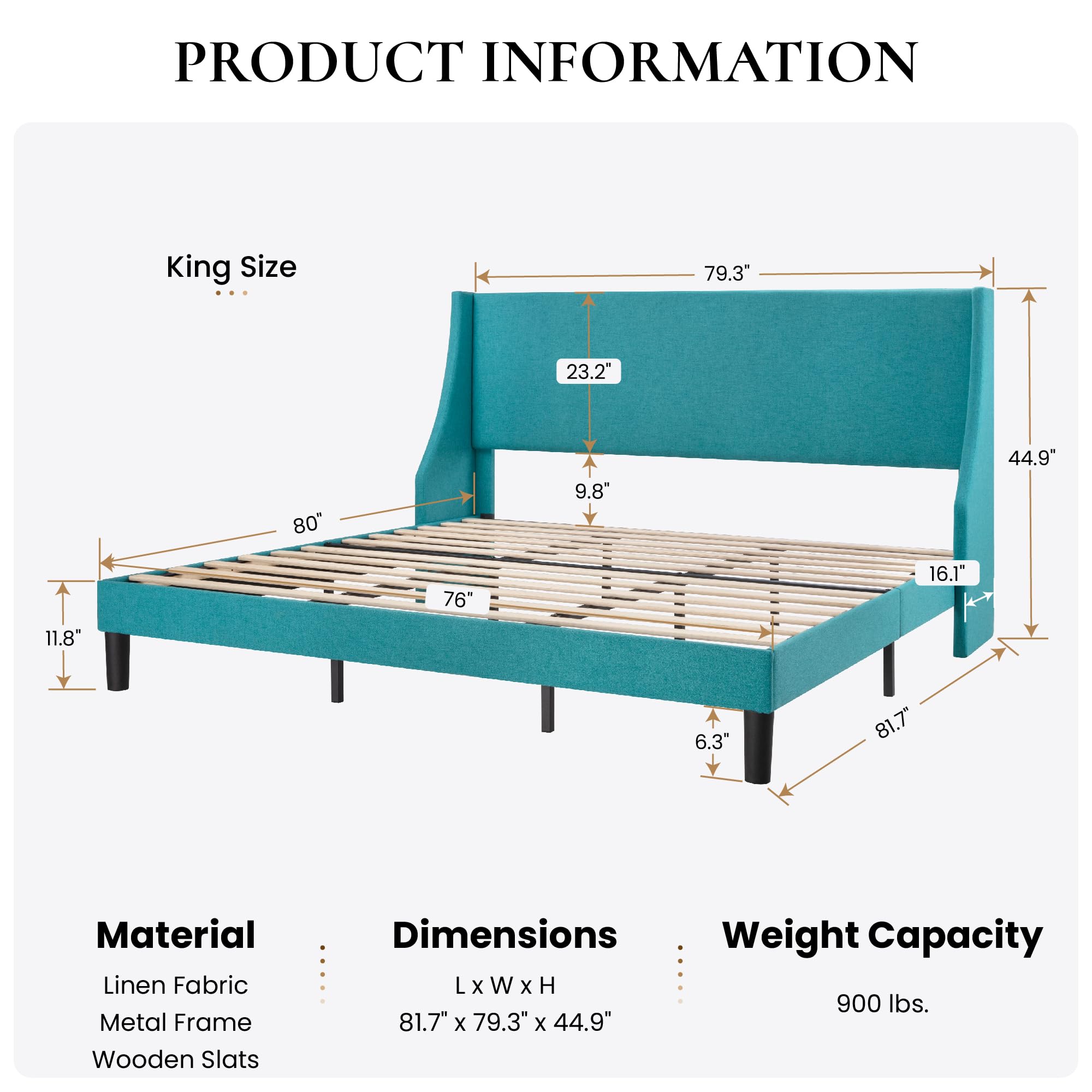 Upholstered Bed Frame King Size with Streamlined Wingback Headboard
