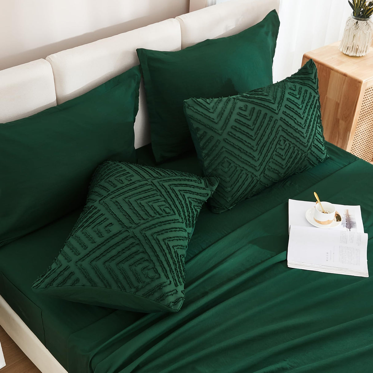 King Size Comforter Set 7 Pieces Dark Emerald Green - Bed in a Bag King Boho Lightweight