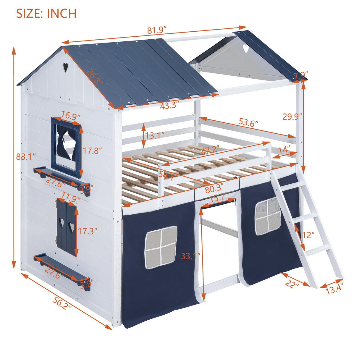 House Full Loft Bunk Bed with Tent, Kids Loft Bed with Ladders,Guardrail