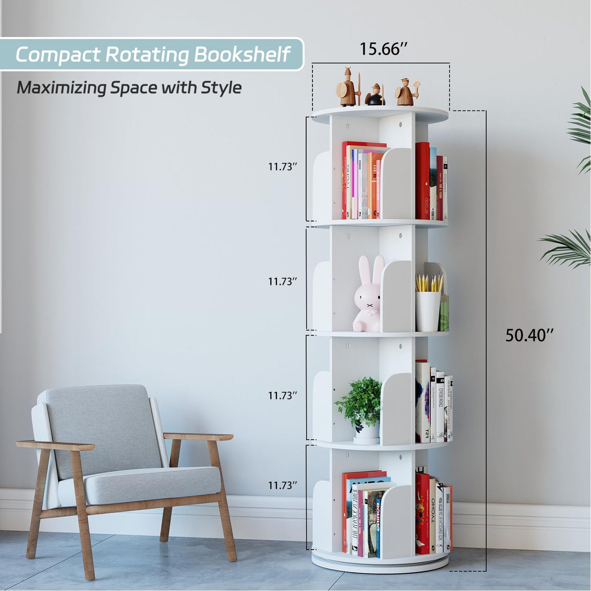 EasyCom Rotating Bookshelf, Spinning Bookshelf Tower for Kids, 4 Tier Rotating Bookshelf Kids, 360 Rotating Bookshelf with Storage, Wooden Revolving Bookcase for Kids Room, White