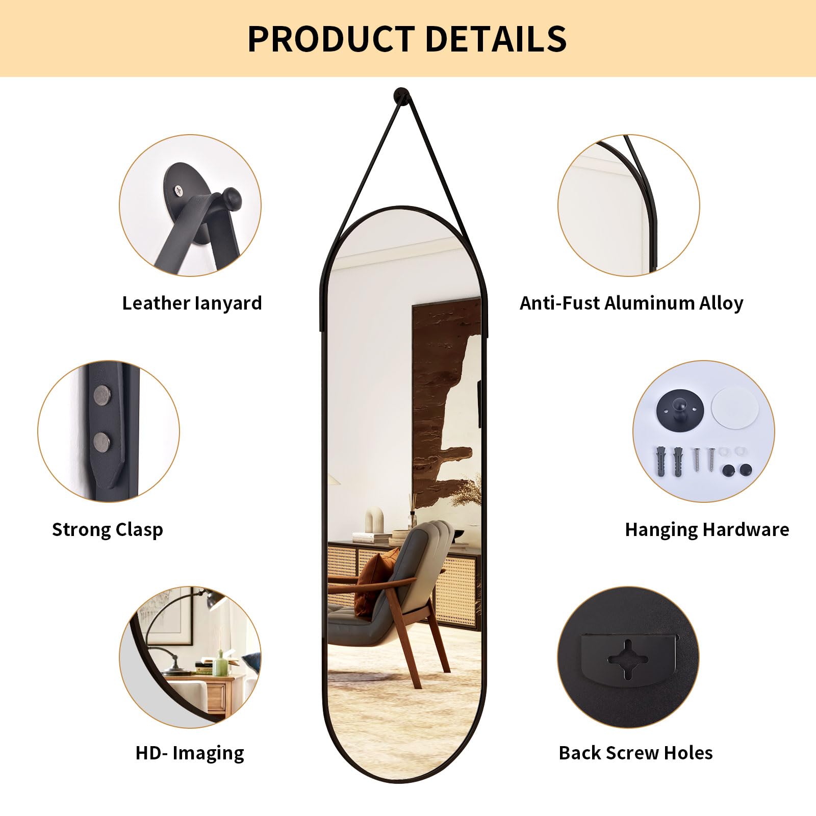 Full Length Oval Mirror 16x48 - Wall Mounted with Leather Hanging Strap